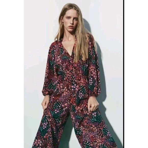 Zara Multicolored Floral Wide Leg Balloon Sleeve Jumpsuit Women's Size XS - Picture 7 of 9